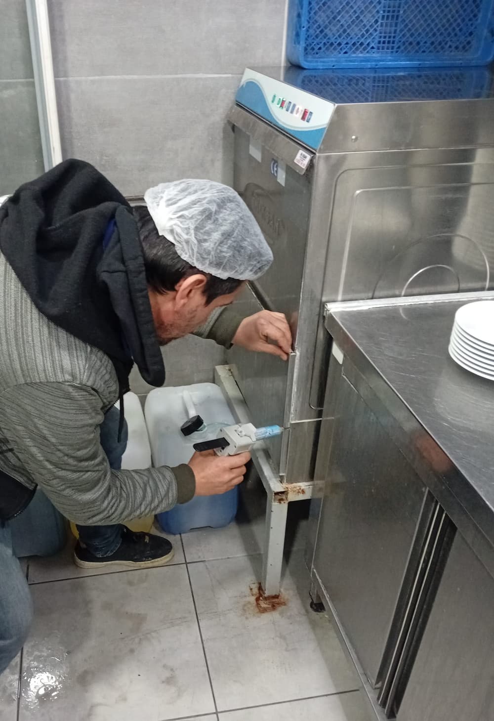 Bone takmış teknisyen, endüstriyel mutfakta paslanmaz çelik tezgâh ve bulaşık makinesinin kenarlarına tabanca aparatıyla hamam böceği jeli uyguluyor